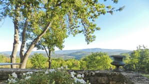 A stone wall with white flowers in the foreground, a stone urn, and a view of trees and distant mountains. - Villa in Saignon with Pool and Scenic Views (Saignon)