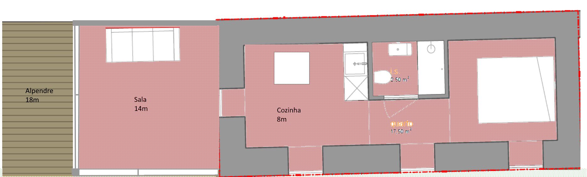 A floor plan of a house with an 18m long Alpendre, a 14m long Sala, and an 8m long Cozinha.