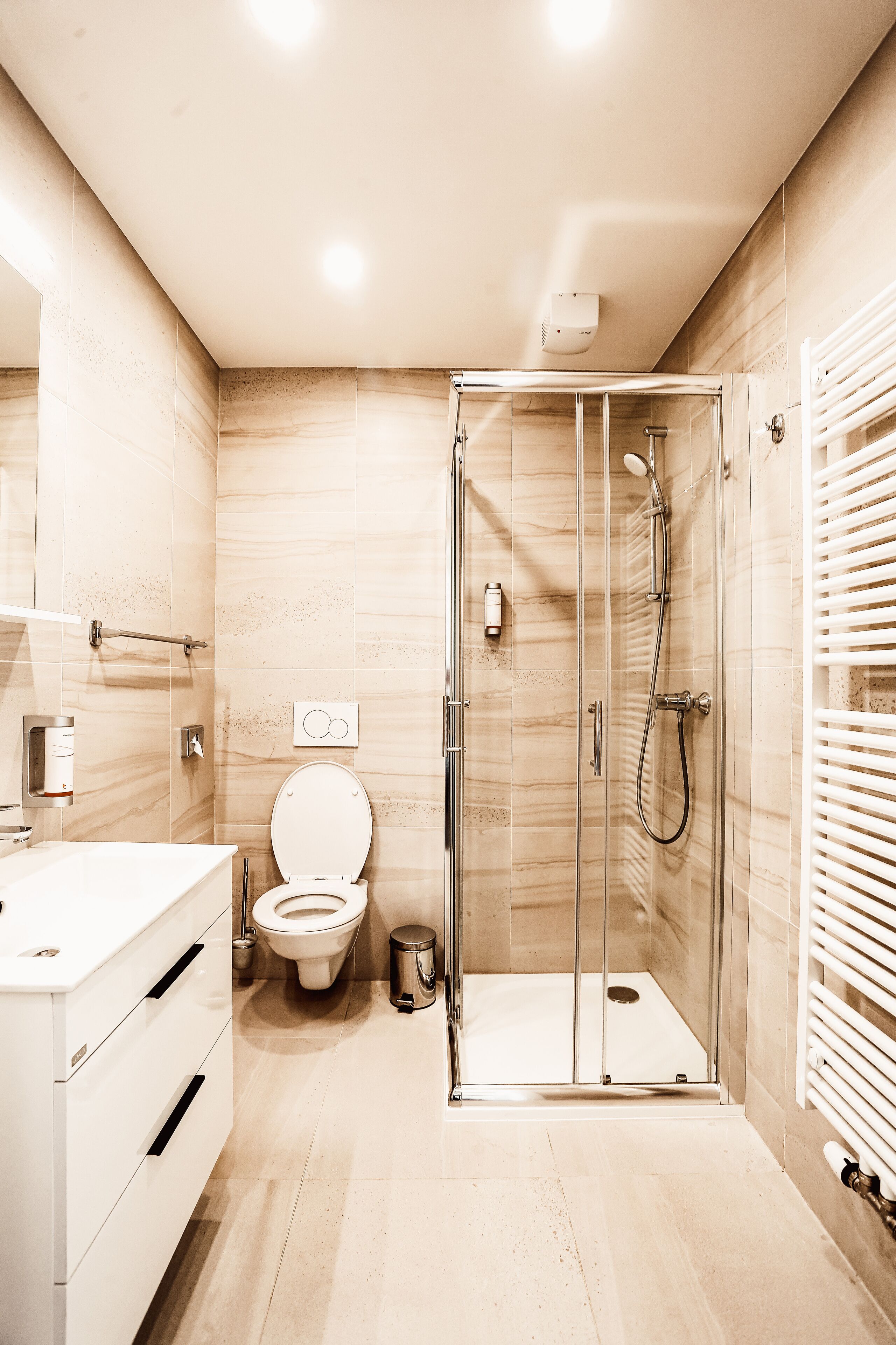 shower, eco-friendly toiletries, hair dryer, towels