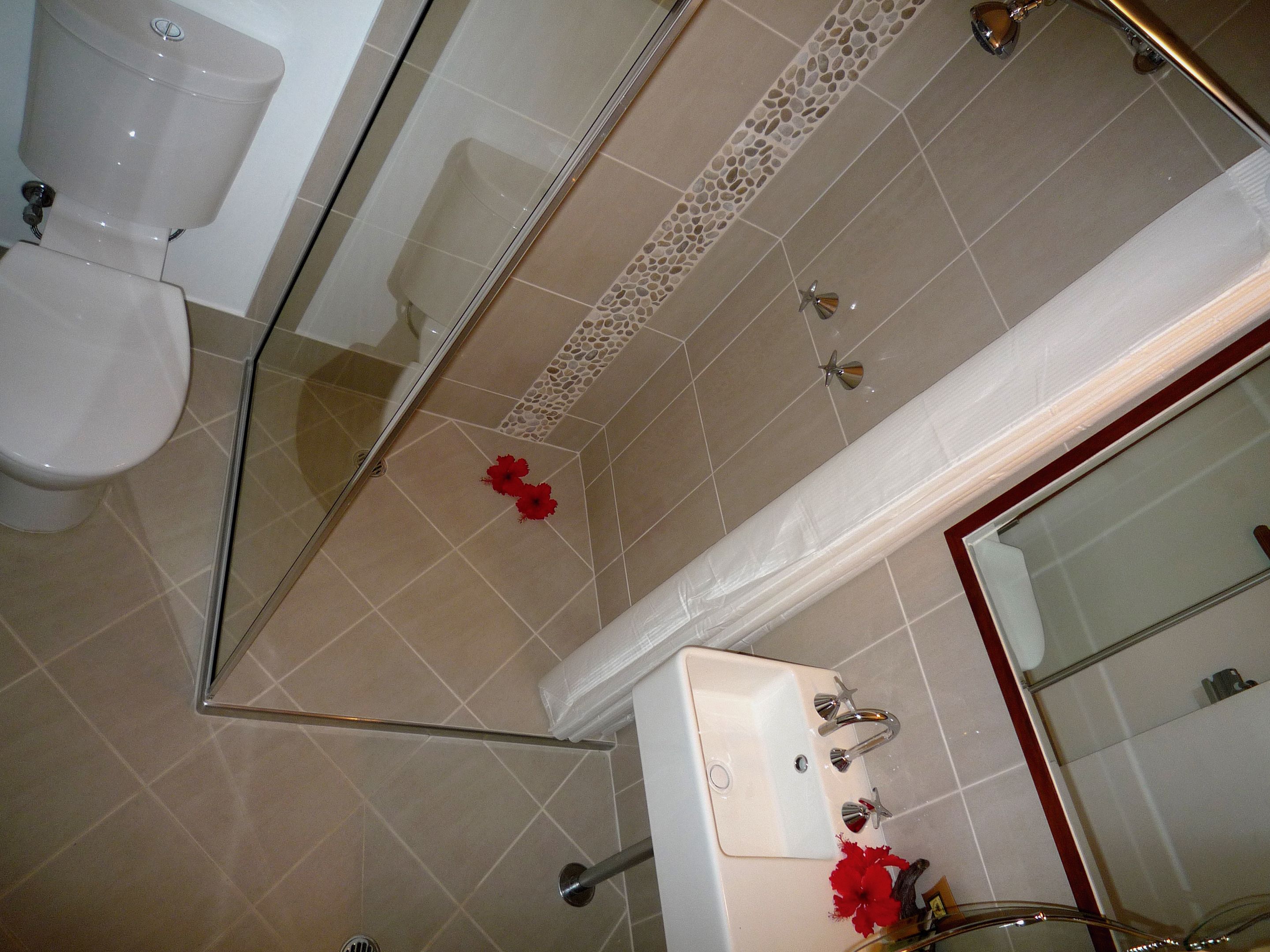 A bathroom with a toilet, sink, and mirror.