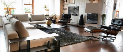 スマートテレビ、暖炉、ステレオ