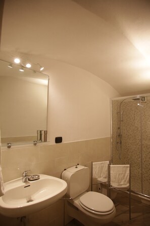Bathroom features a large mirror, glass shelf, white toilet, and glass-enclosed shower.