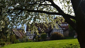 A traditional half-timbered house with a well-maintained lawn and trees in the foreground. - Idyllic half-timbered house with a large garden and playground and orchard (Cleebourg)