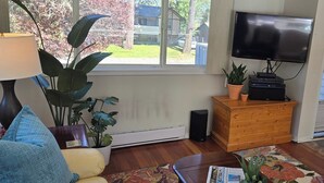 Una sala de estar con televisión, aparador de madera, plantas en macetas y una puerta.