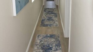 Un couloir étroit avec deux tapis, un tableau et une porte au fond.