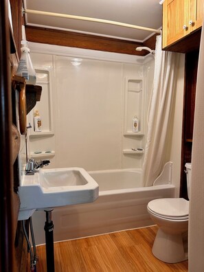 Combined shower/tub, towels, soap, toilet paper - Rustic Waterfront Log Cabin (Kaslo)