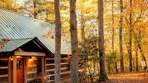 Eine rustikale Holzhütte mit Metalldach, Holzwänden und einer Veranda.