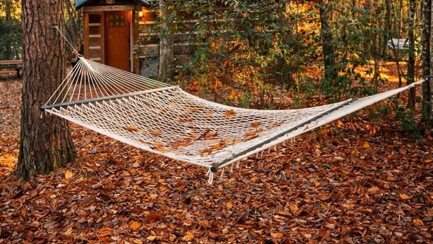 Eine Hängematte zwischen Bäumen in einem Wald, im Hintergrund eine Holzhütte.