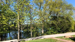 A park with a paved walkway, a bench, and a small garden area. - Beautiful Vacation Home on Lake Cumberland, Monticello, KY (Monticello)