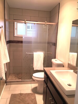 Shower, hair dryer, towels