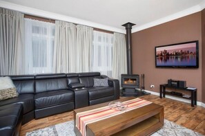 Televisión de pantalla plana, chimenea y reproductor de DVD 