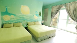 A room with two beds, a mural of a lighthouse and waves, and a window with curtains. - DingDing Home (Hengchun)