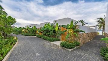 Uma trilha pavimentada leva a um edifício com muro de pedra e vegetação exuberante.