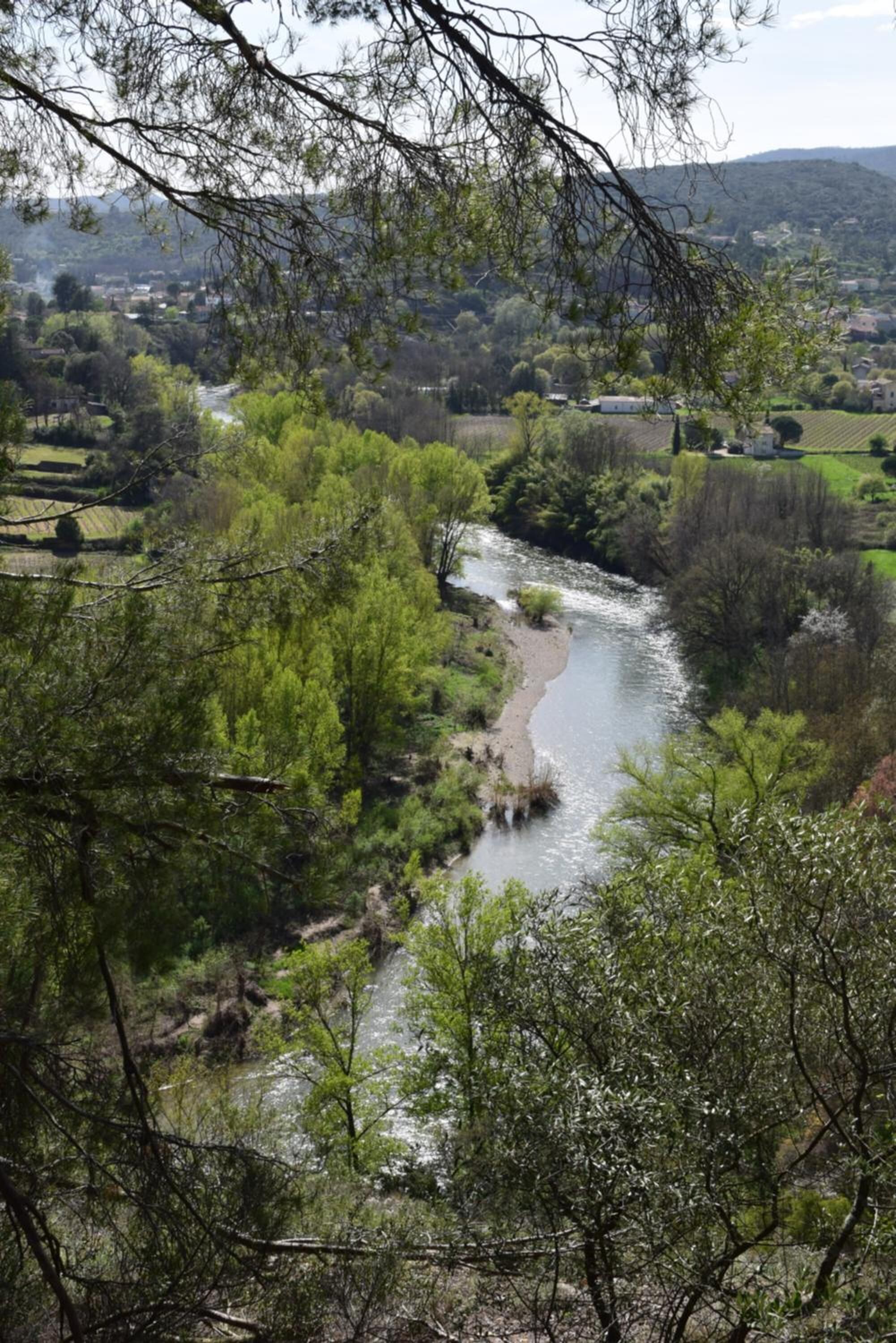A river flowing through a valley with trees and buildings in the background.