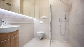 Chuveiro, produtos de toalete grátis, secador de cabelo