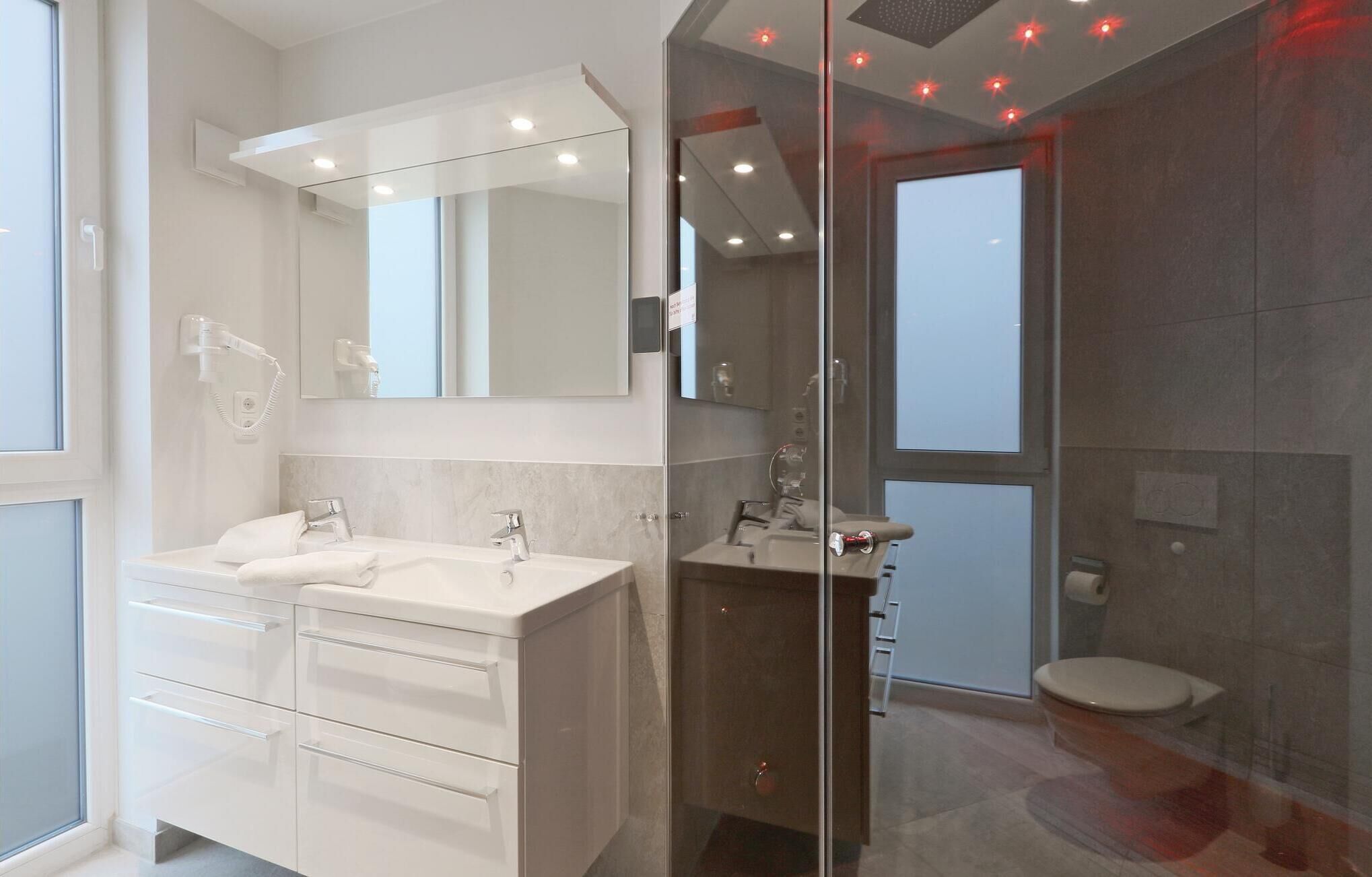 A modern bathroom with a glass shower enclosure, a double vanity with a large mirror, and a toilet.
