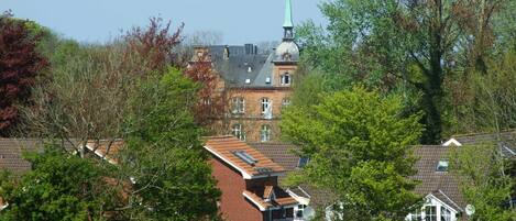 Un bâtiment surmonté d’une flèche verte, entouré d’arbres et d’un champ de fleurs jaunes.