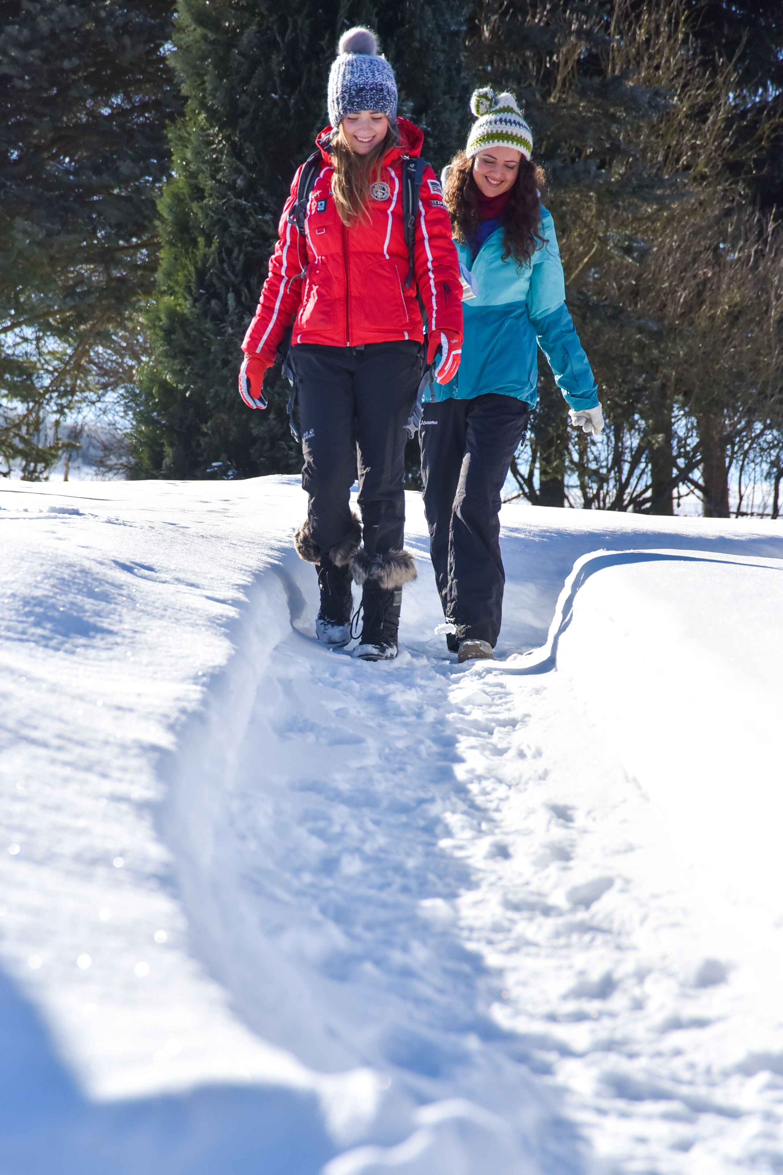 Two people walking on a snowy path.