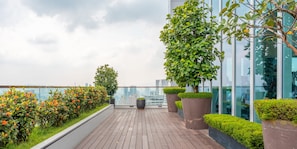 A rooftop terrace with wooden flooring, potted plants, and a city view.