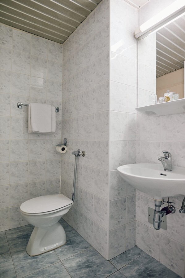 Un baño con inodoro, lavamanos y espejo.