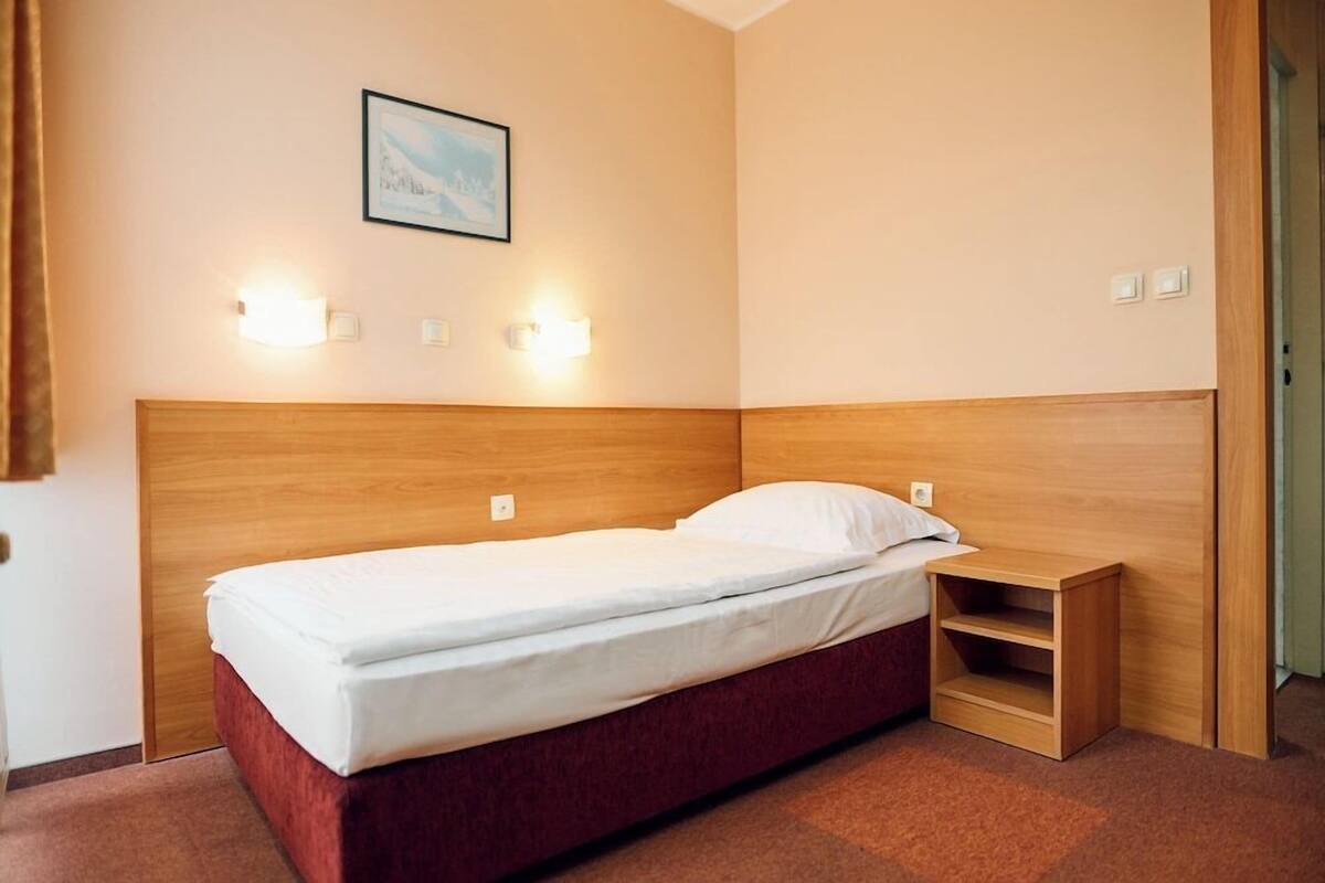 A single bed with a wooden headboard, a bedside table, and a wall-mounted light fixture.