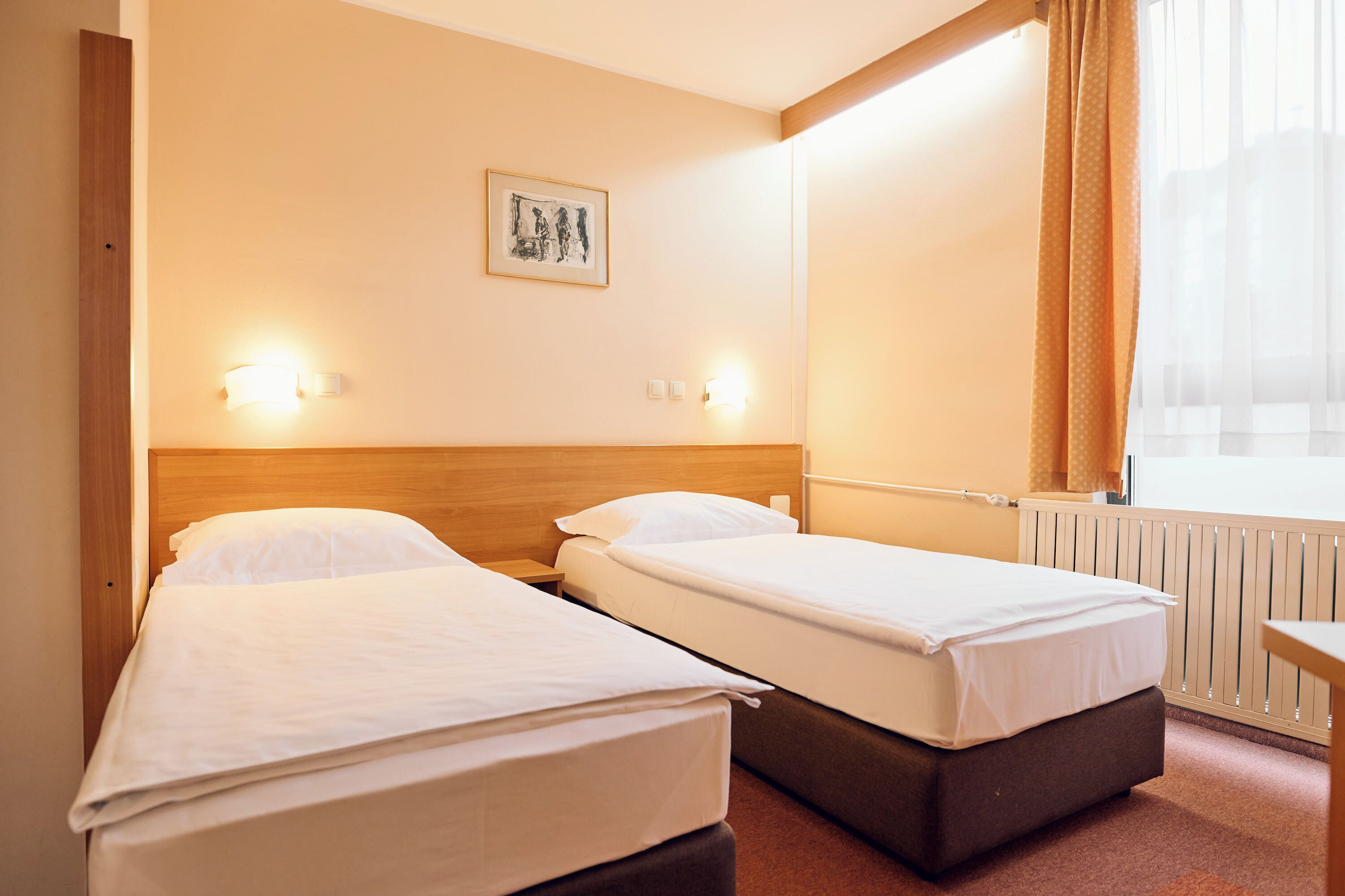 Habitación de hotel con dos camas individuales, cabecero de madera, un cuadro enmarcado en la pared y una ventana con cortinas.