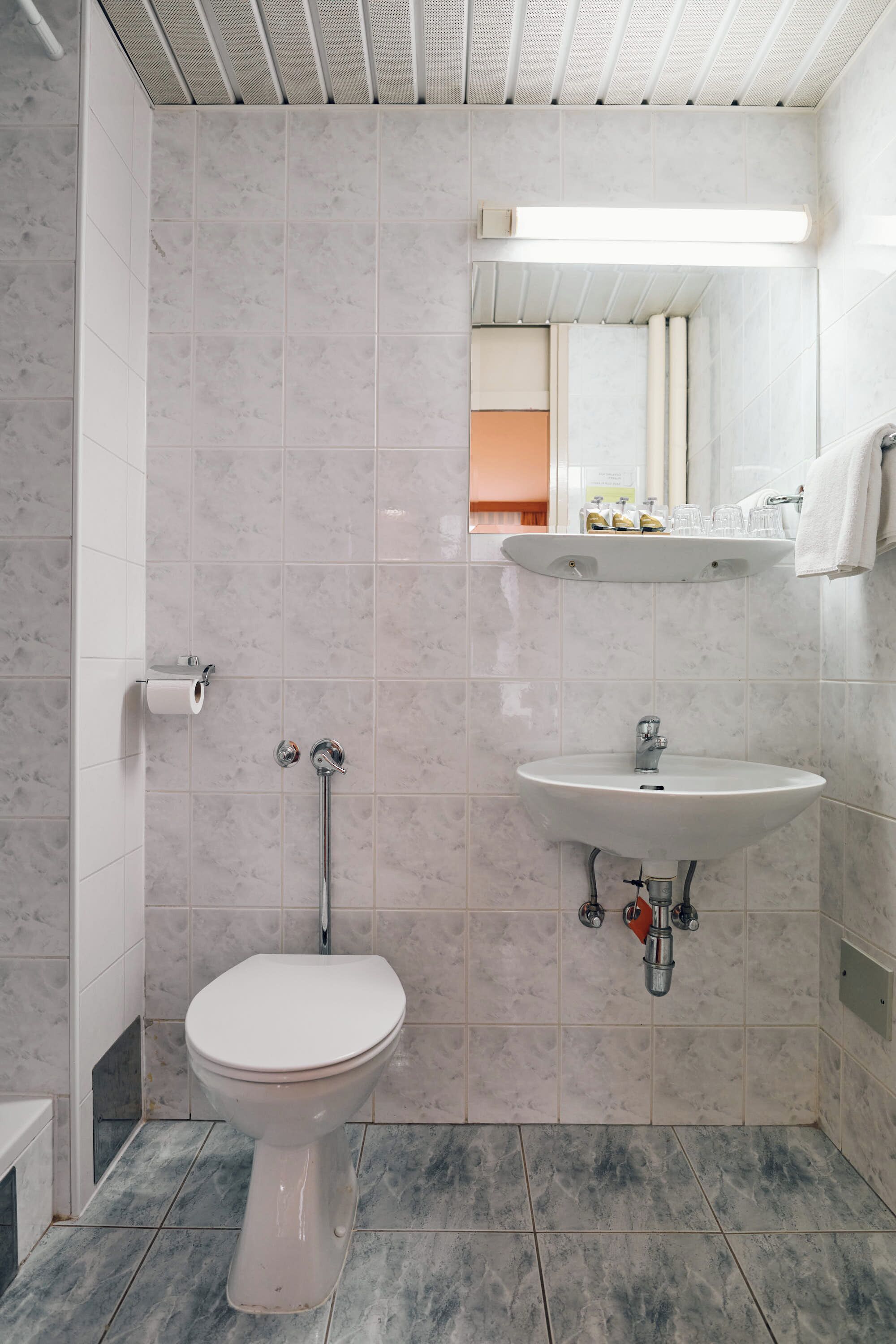 Un baño con inodoro, lavabo y espejo.