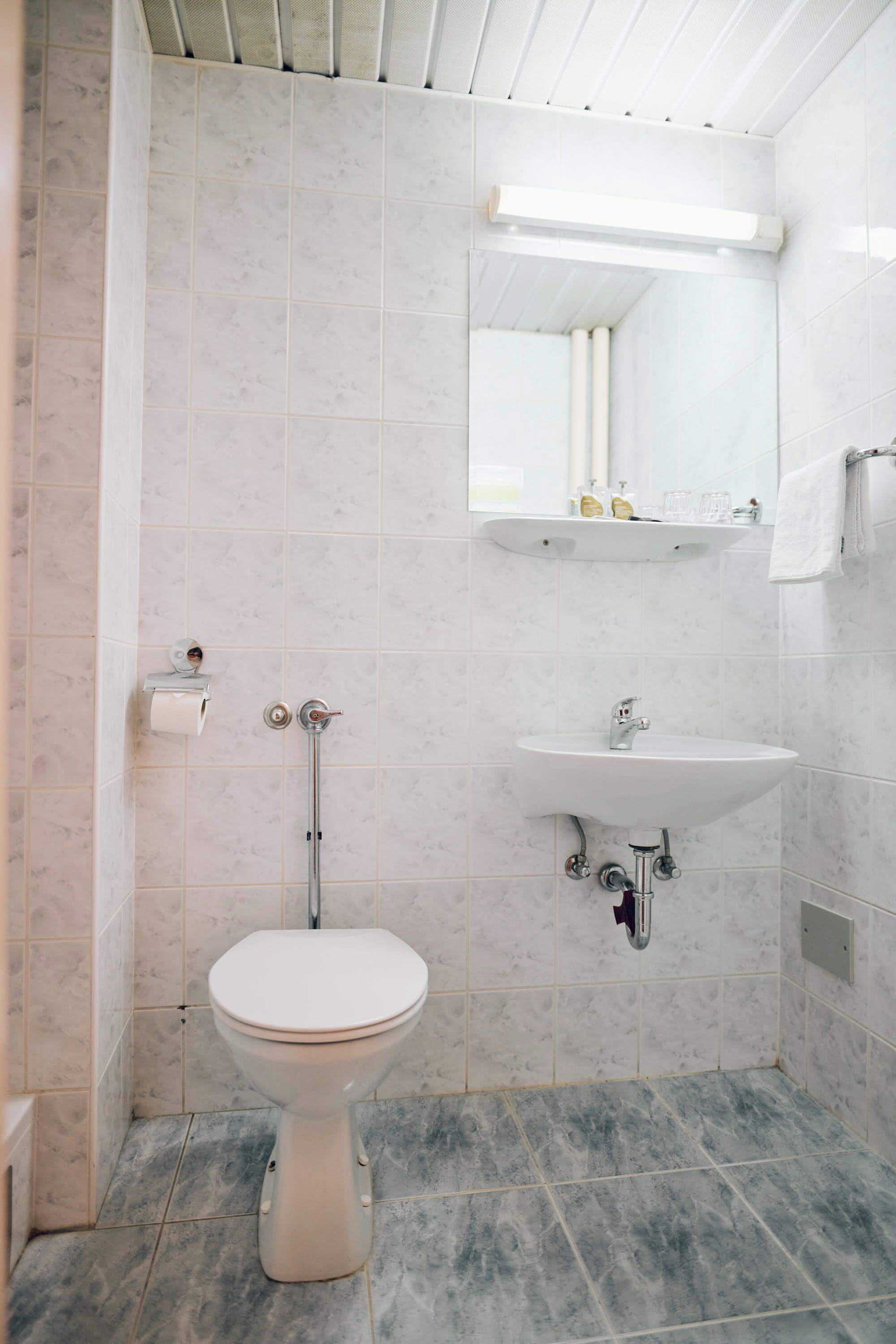 Un baño con inodoro, lavabo y espejo.