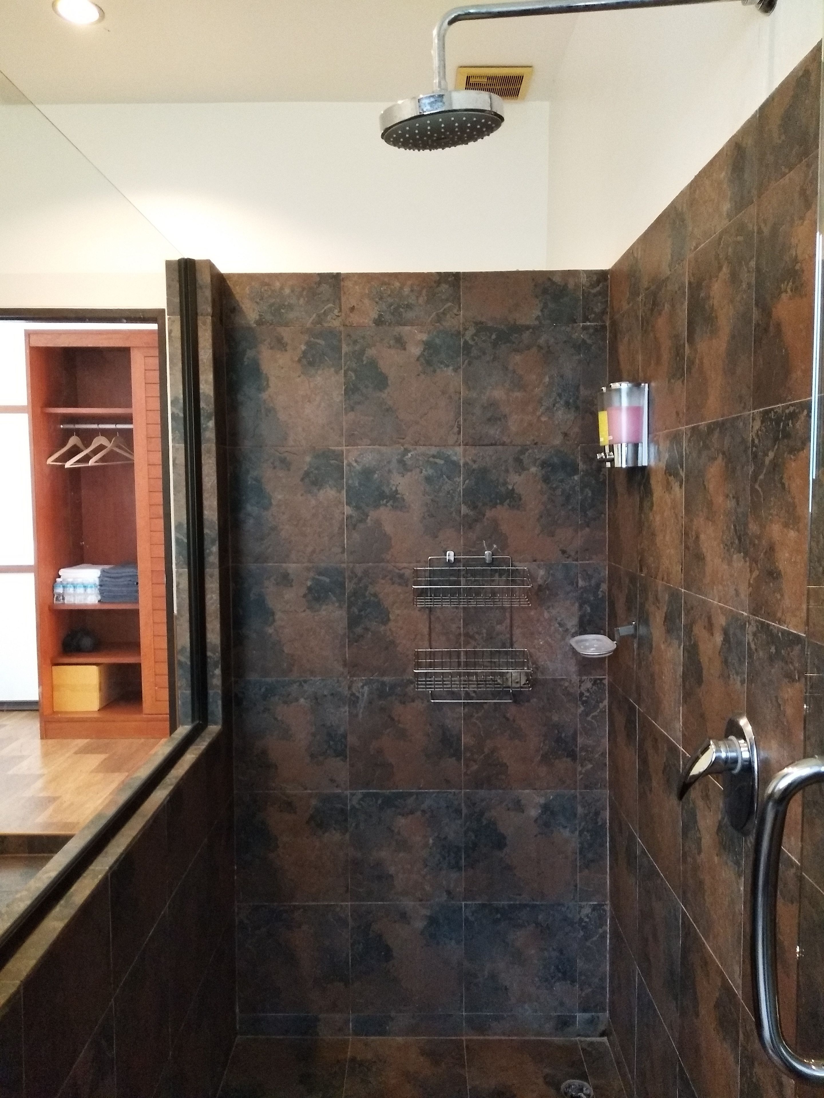 A shower area with a rain showerhead, a towel rack, and a soap dispenser.