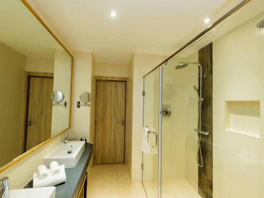 A modern bathroom with a glass-enclosed shower, a vanity with two sinks, and a large mirror.