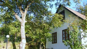 A white building with a sloped roof and two windows with dark frames. - Ferienhaus Leitenhof (Döbrököz)
