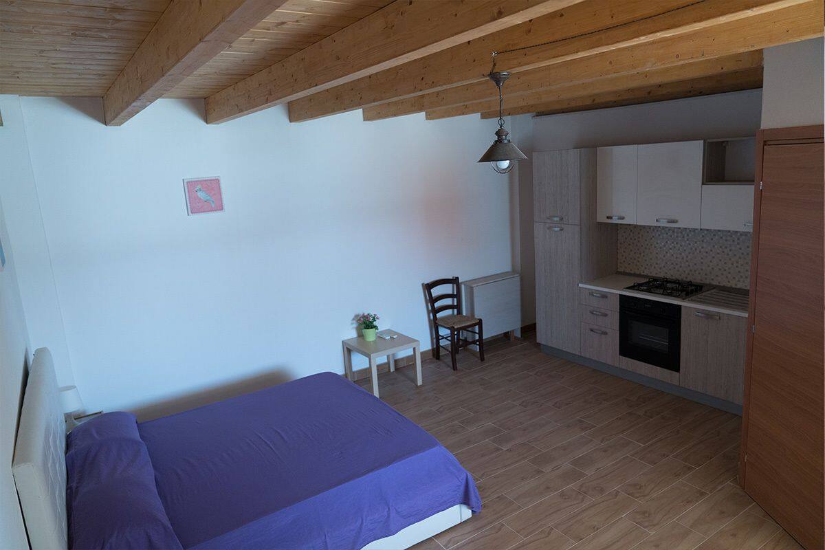 Een slaapkamer met een bed, een kleintje tafeltje met een plant, een stoel en een kitchenette met kastjes en een fornuis.