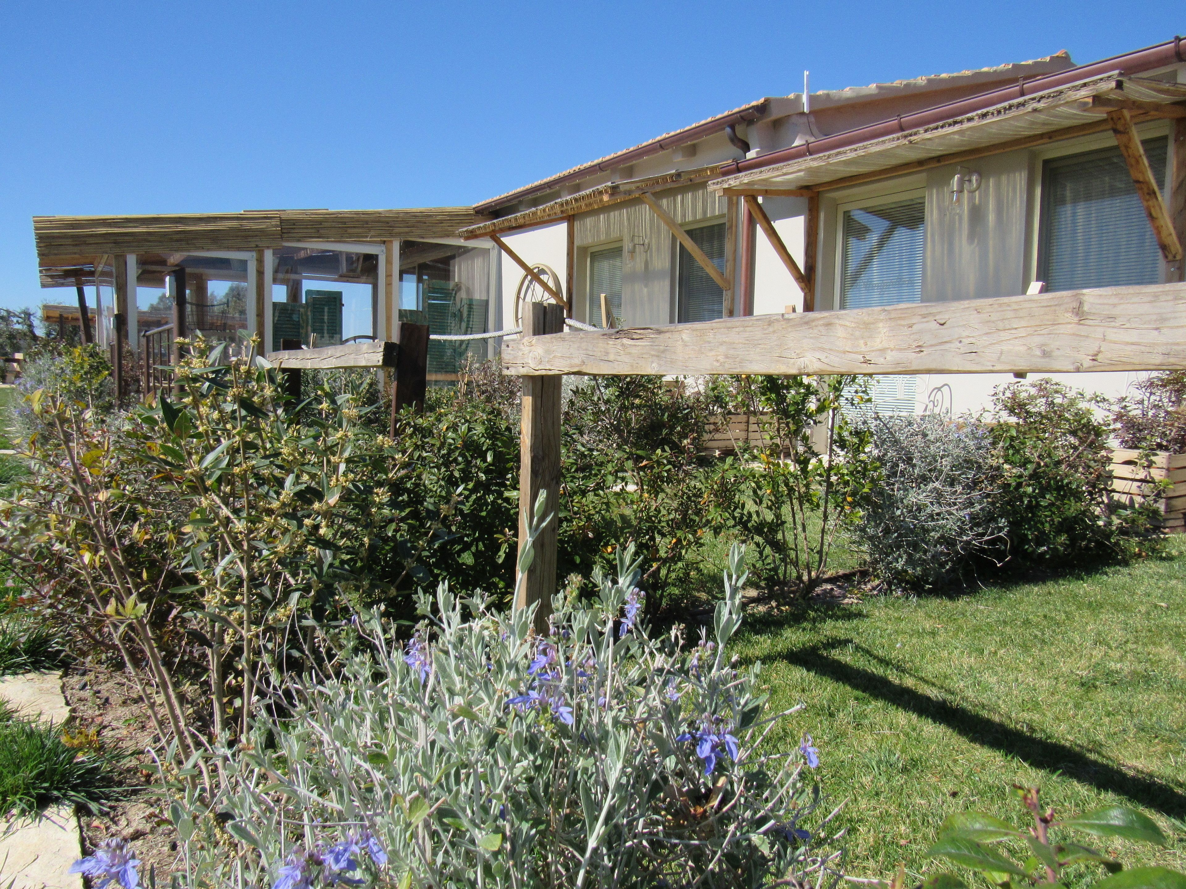 A row of cabins with large windows, surrounded by a garden with various plants and flowers.