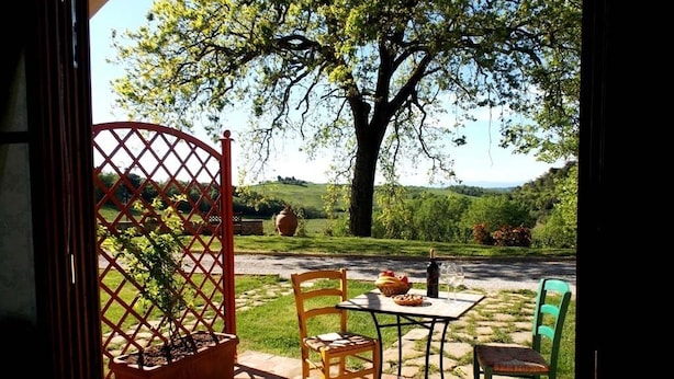An outdoor patio with a table and chairs, a potted plant, and a view of a tree and landscape.