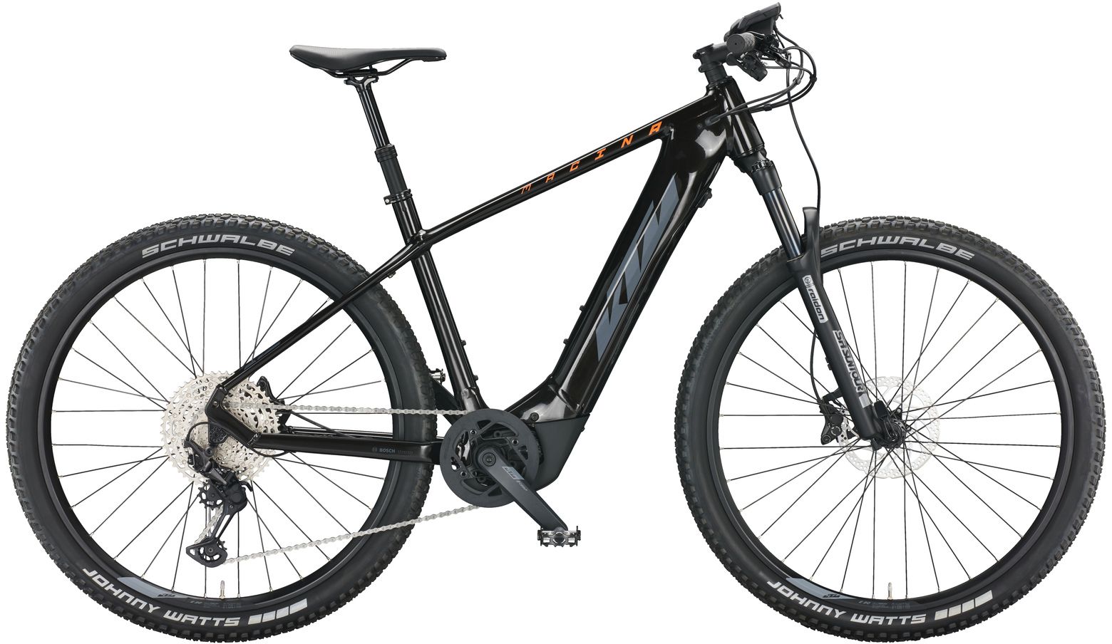 A mountain bike with a black frame, front suspension fork, and disc brakes.