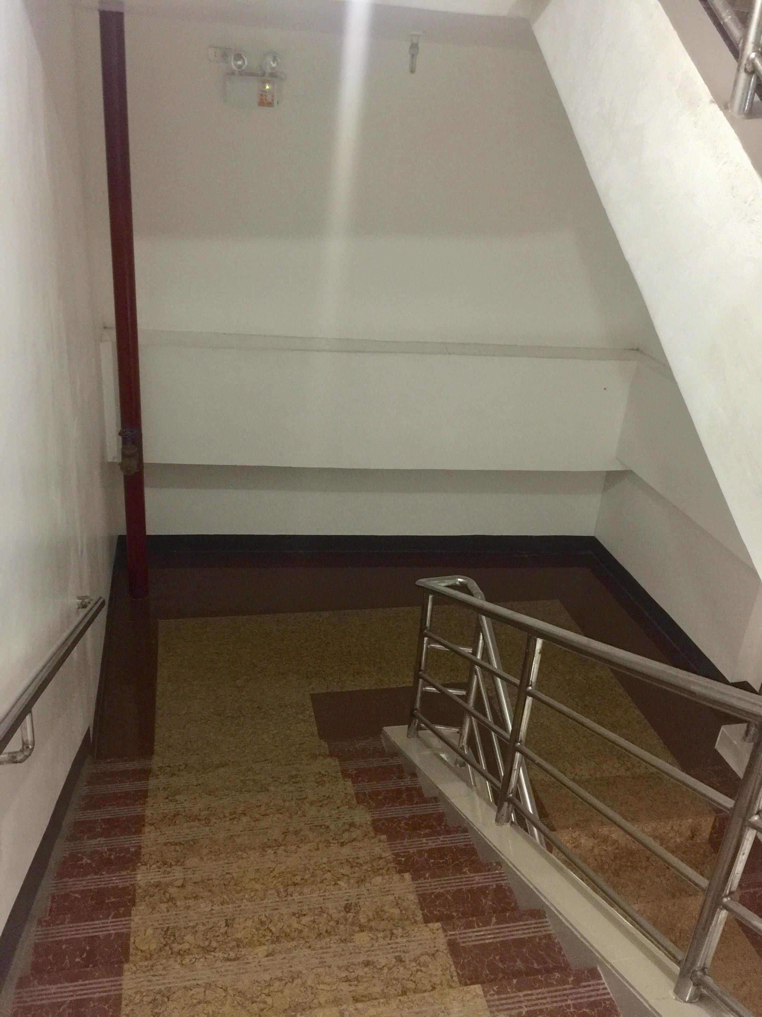 A narrow stairwell with a metal handrail, carpeted steps, and a red pillar on the left.