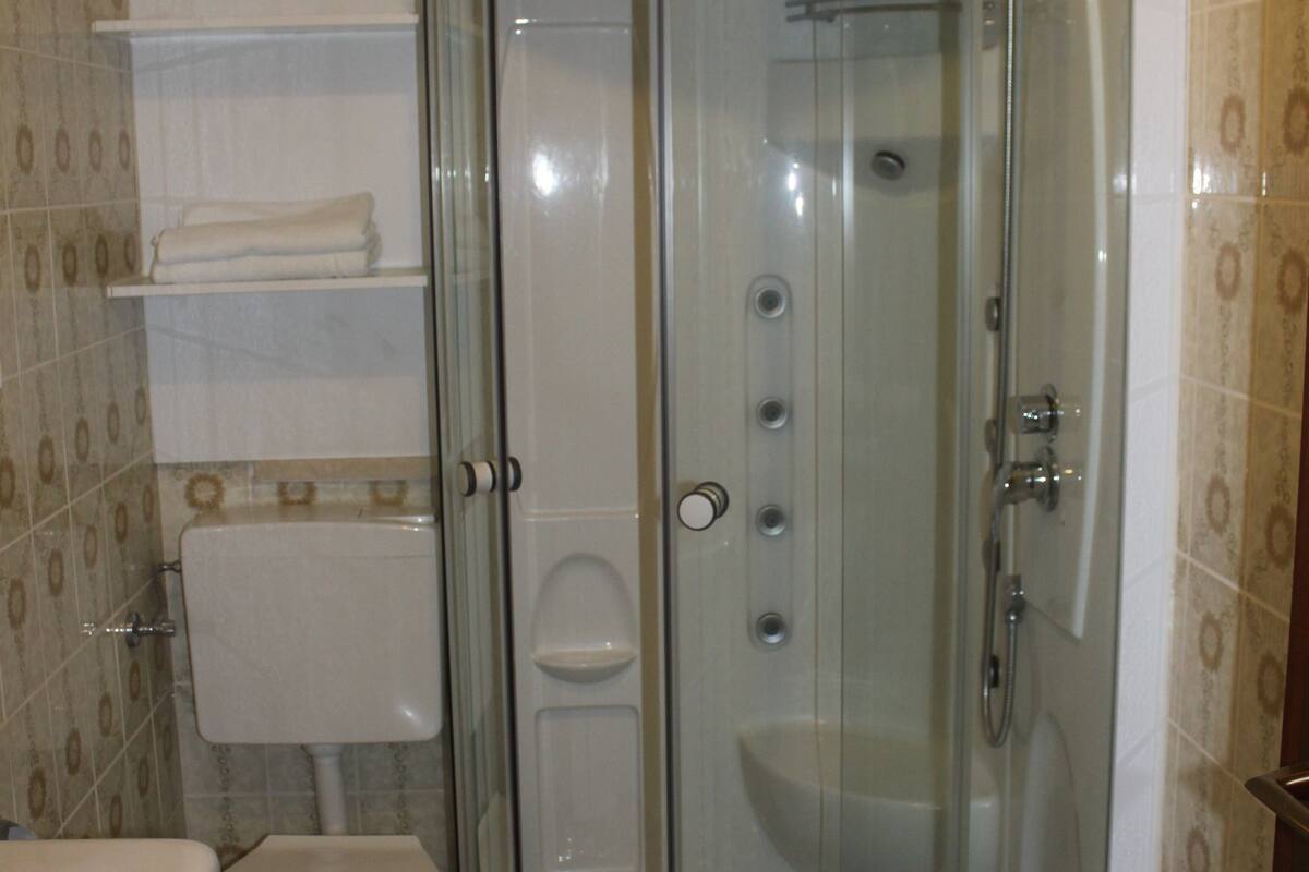 shower, free toiletries, hair dryer, towels