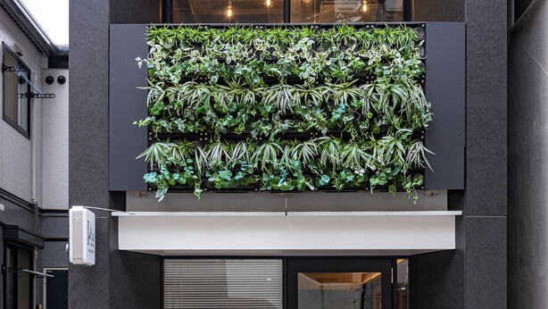 A modern building with a vertical garden, a closed entrance, and a bench outside.