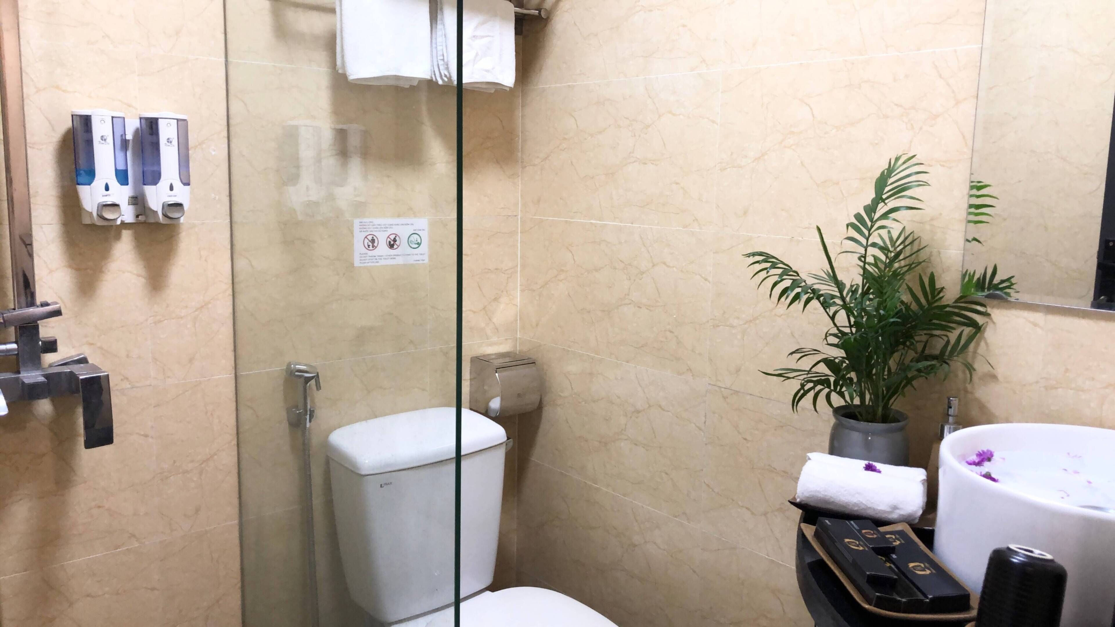 superior double room | bathroom | shower, free toiletries, hair dryer, bathrobes