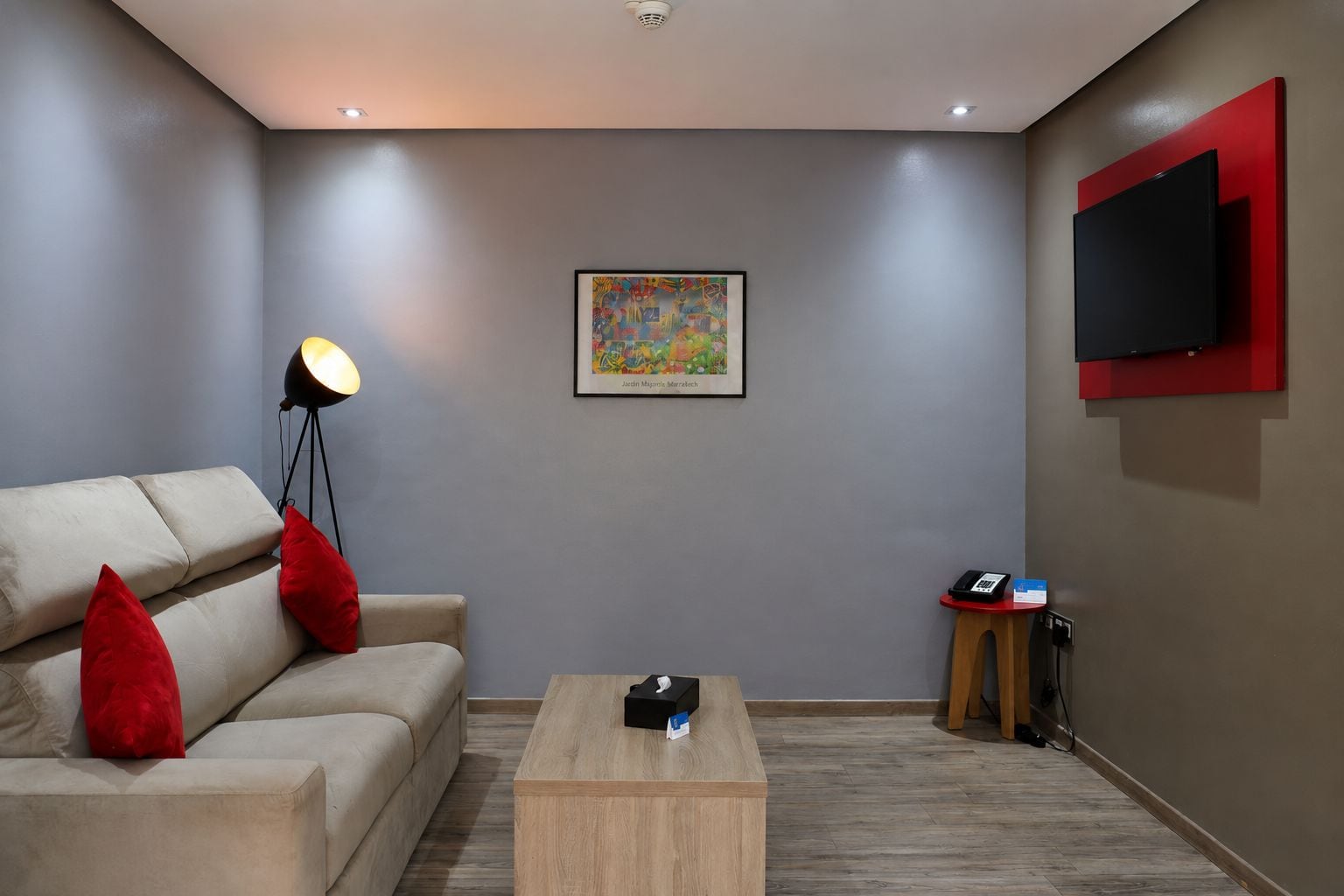 A modern living room with a sofa, a coffee table, a floor lamp, a painting, a television, and a telephone.