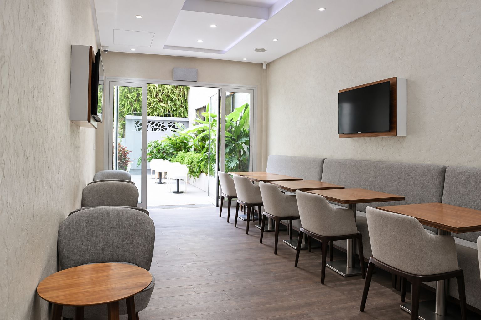 A modern dining area with a long table, several chairs, and a television mounted on the wall.