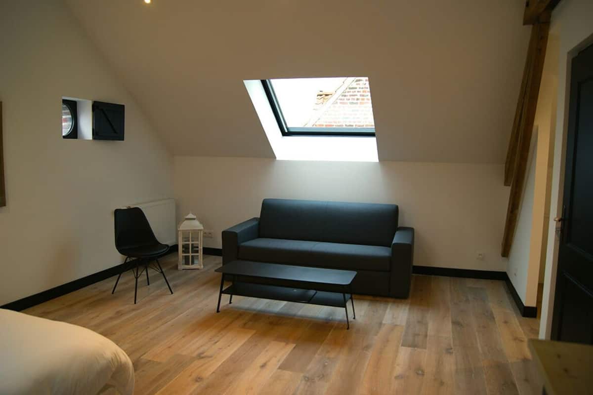 Un dormitorio tipo loft con techo inclinado, tragaluces, un sofá oscuro, una mesita y una silla.
