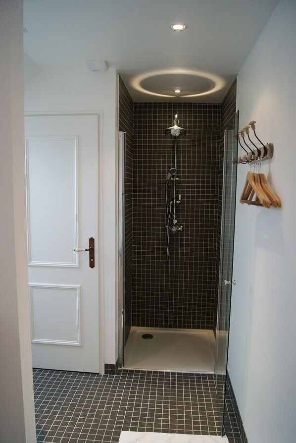 Un baño moderno con cabina de ducha de vidrio, paredes de azulejos oscuros y una puerta blanca.