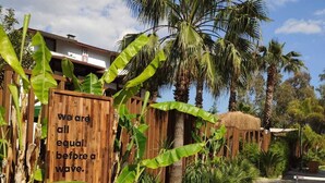 A wooden sign with a motivational quote, palm trees, and a paved walkway leading to a building. - No 22 Hotel Riders' Inn (Ula)