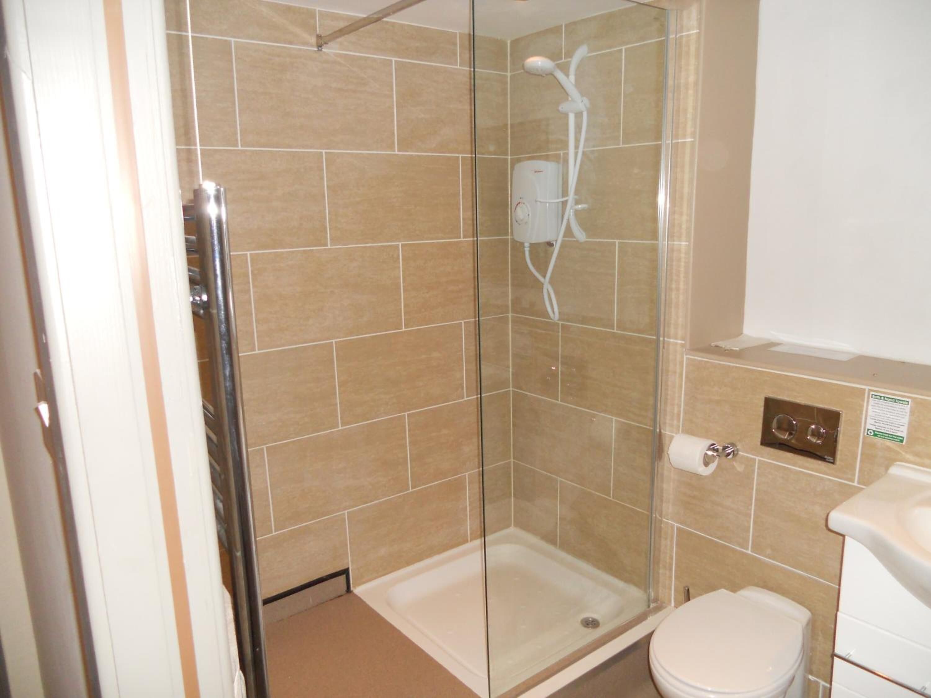A glass-enclosed shower stall with a handheld showerhead, a toilet, and a sink.