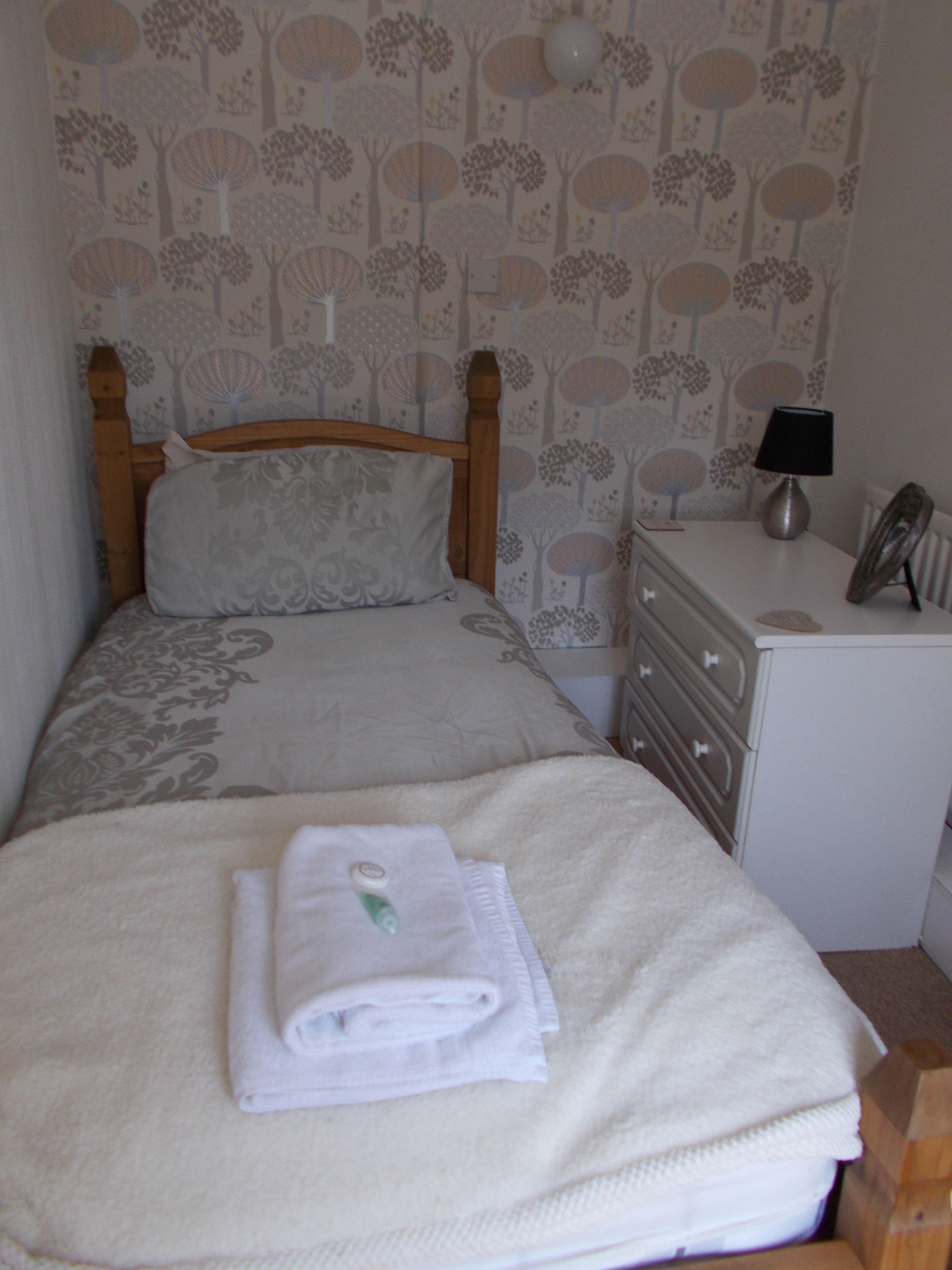 A bedroom with a wooden bed, a nightstand with a lamp, and a dresser.