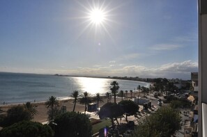 A coastal view with a beach, palm trees, and buildings along the shore.