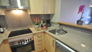 A compact kitchen with a stove, oven, dishwasher, and a sink.