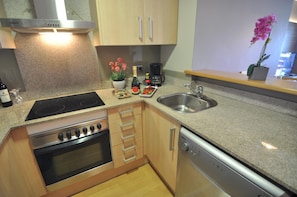 A compact kitchen with a stove, oven, dishwasher, and a sink.