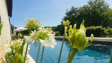 Outdoor pool, a heated pool, sun loungers